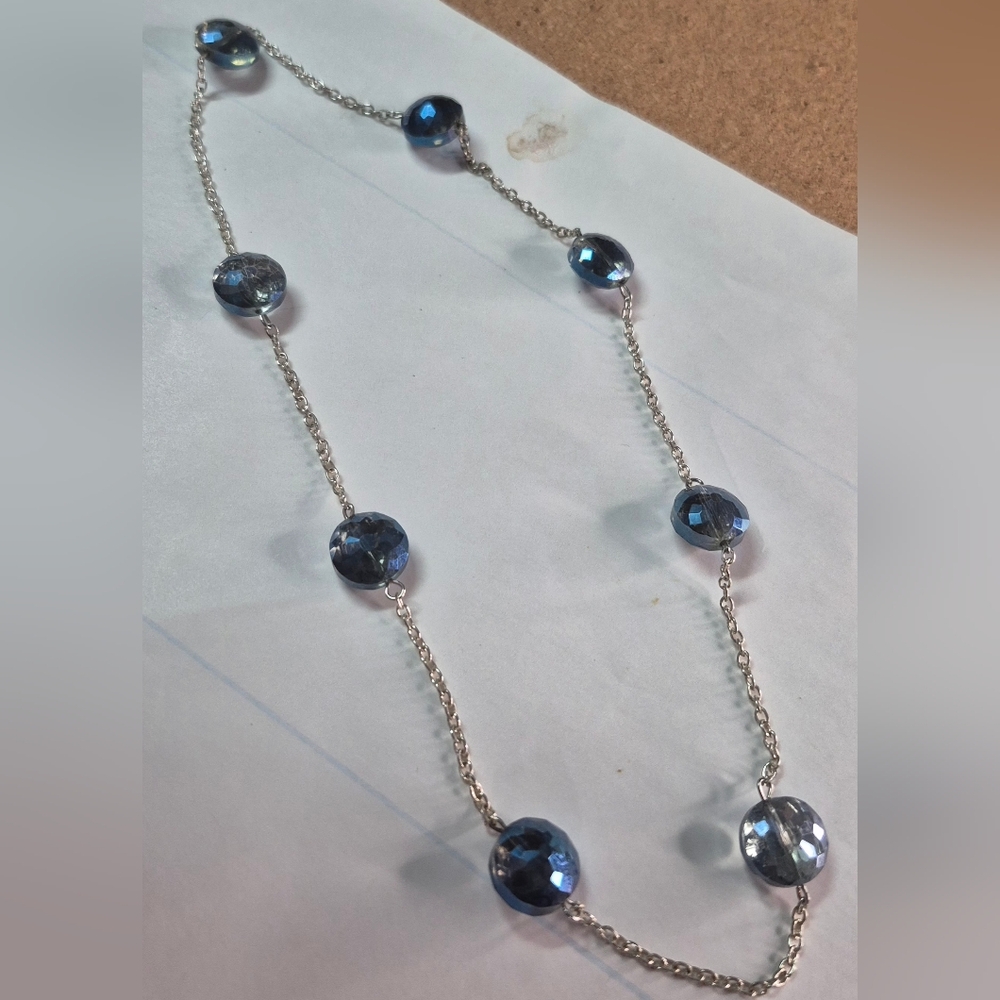 Women's 20" Silver Tone Linked Chain Necklace with Blue Beveled Gemstones